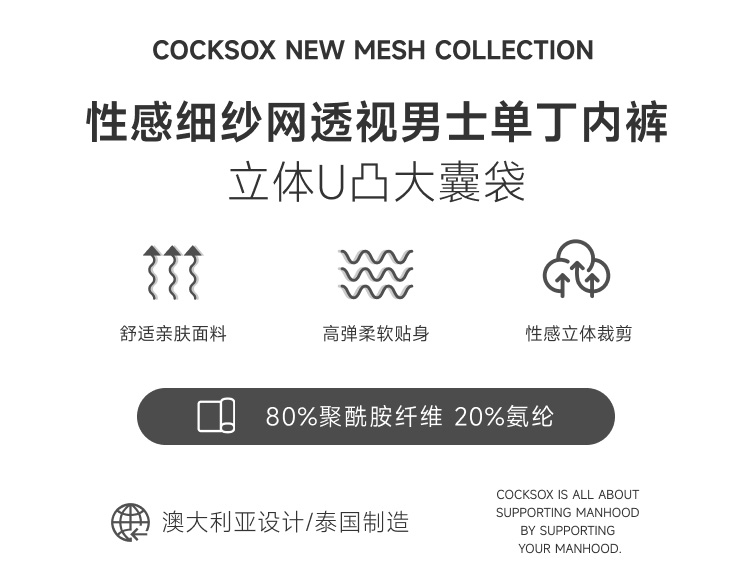 COCKSOX,纱网透视丁字裤,16622,CX05-4,男士内裤